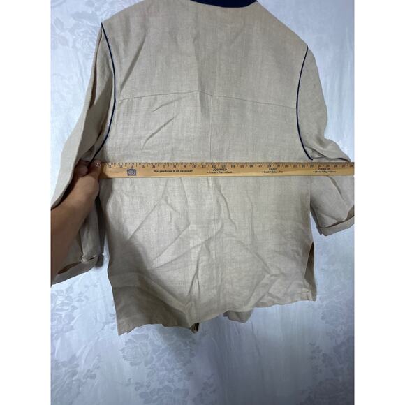Natural Ecology Symbols Linen Blazer XL Tan Navy Blue Trm Lagenlook Rehli Tracht - Picture 15 of 16